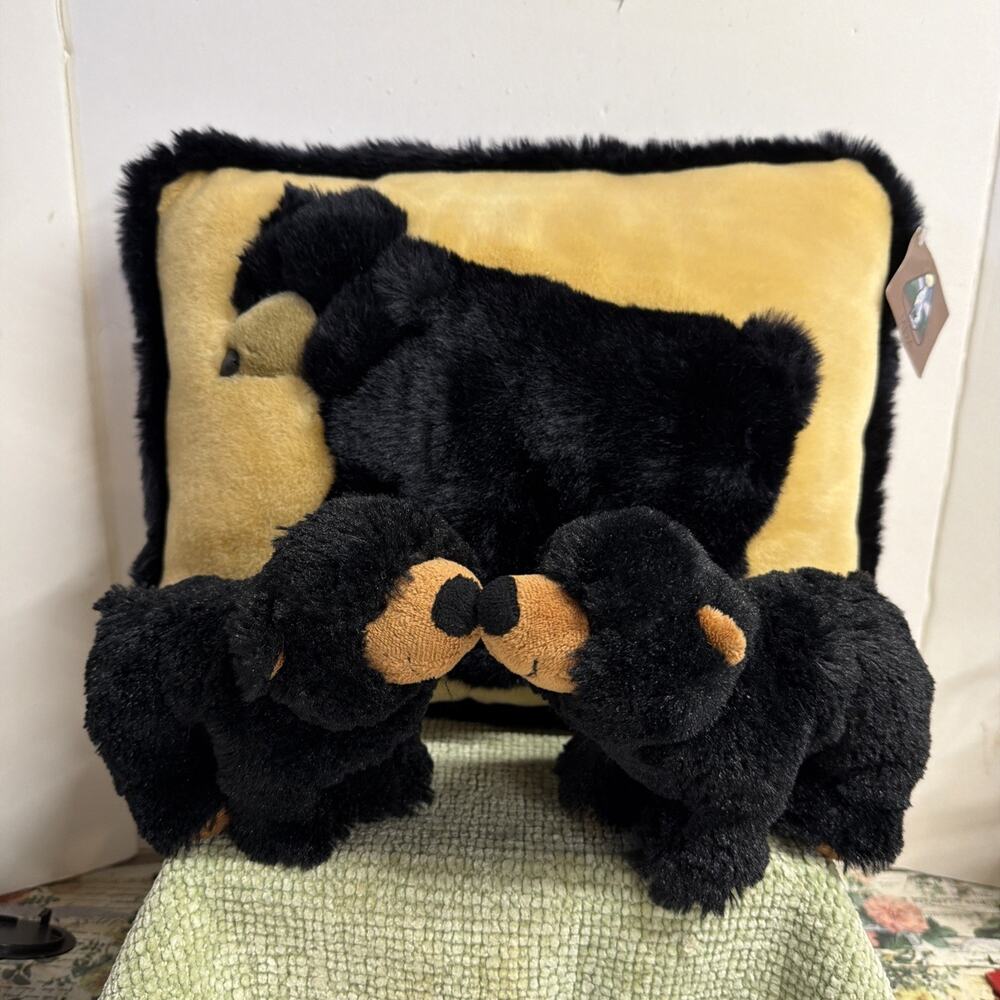 JADA 3D Pillow Beige w/Black Bear Accent Throw Home Cabin 16"x14" W/ 2 Plushies